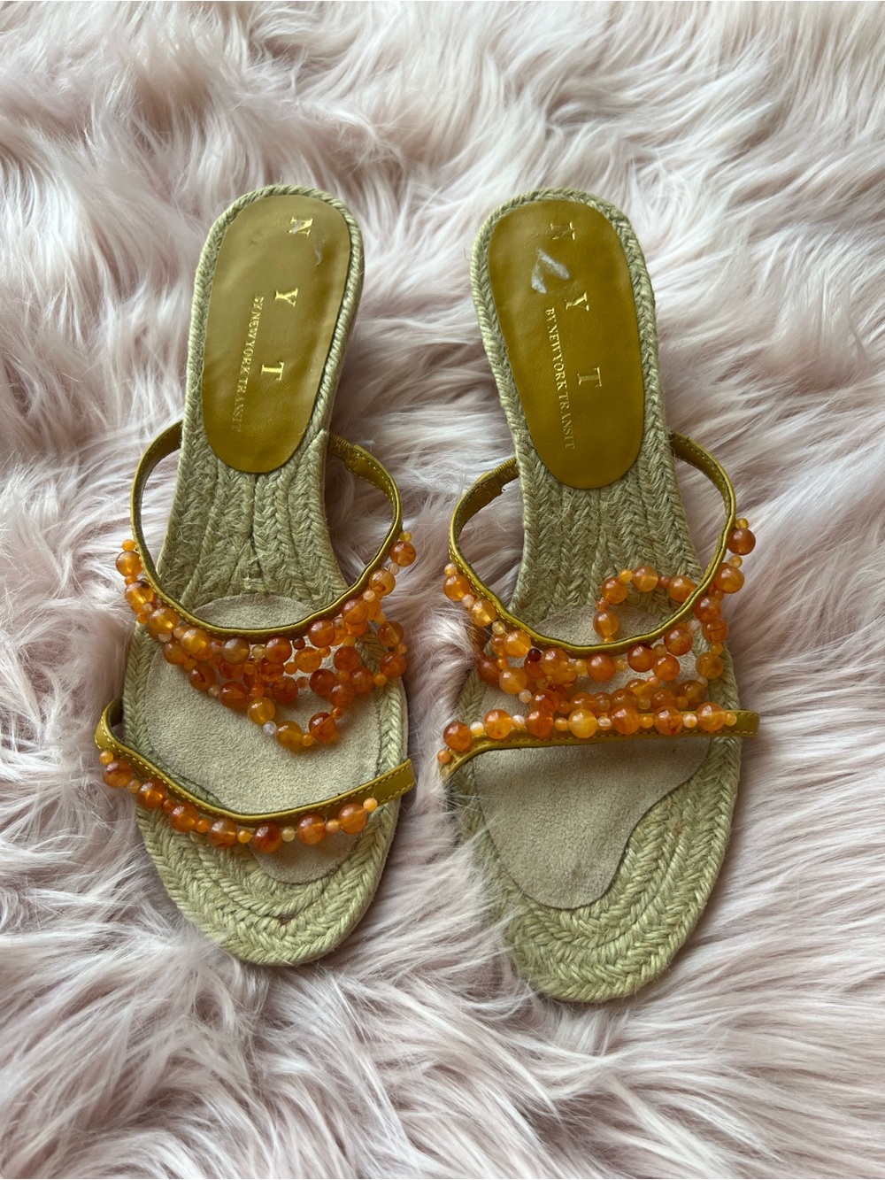 New York Transit Gold and Orange Beaded Wedge Slides sz 7